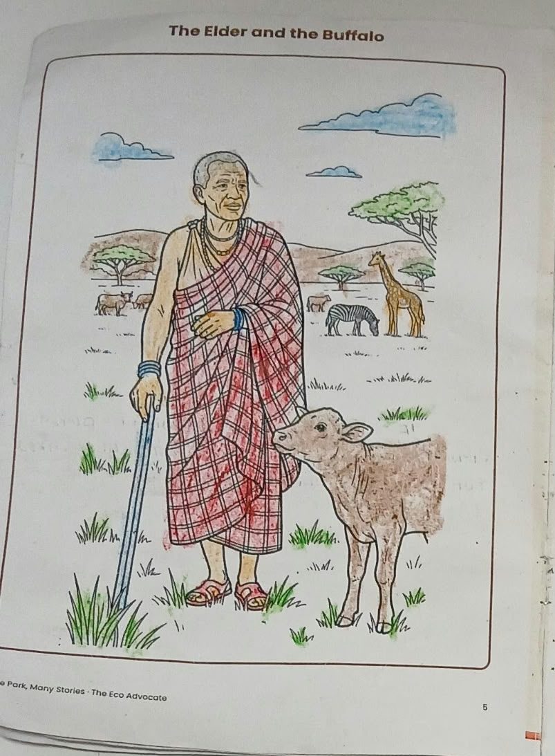 A child's coloured workbook page